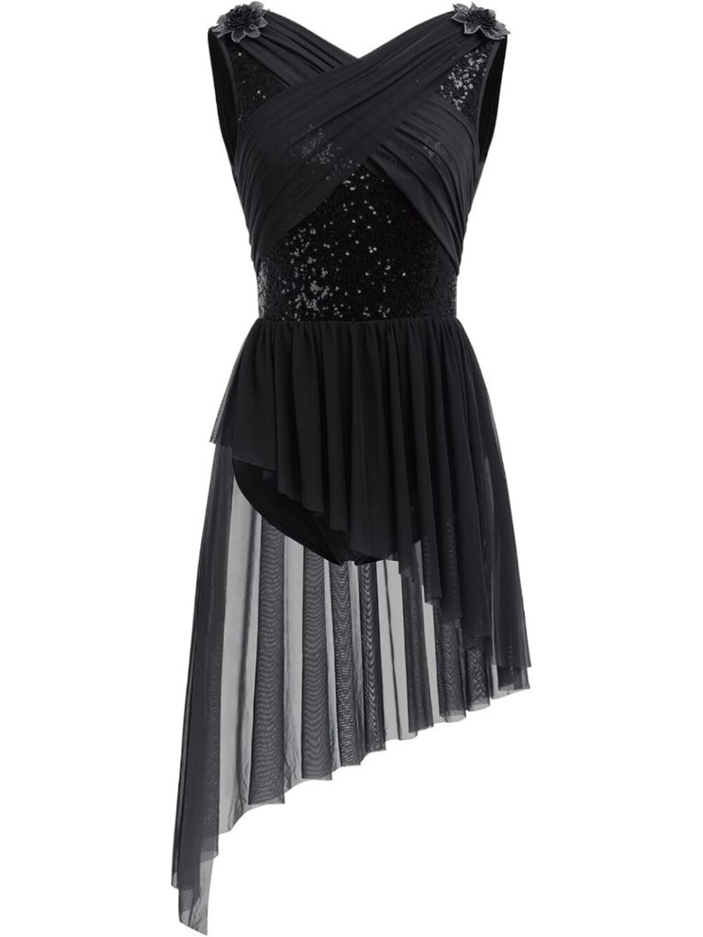Lyrical Dance Costume for Women - Sequin Flower Dress with Asymmetric Tulle